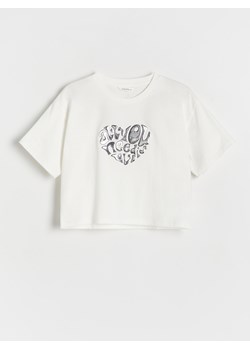 Reserved - Bawełniany t-shirt z aplikacją - złamana biel ze sklepu Reserved w kategorii Bluzki dziewczęce - zdjęcie 173767532