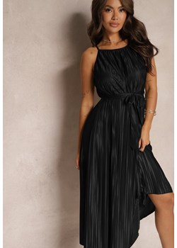 Czarna Sukienka Plisowana z Paskiem w Talii na Cienkich Ramiączkach Wasea ze sklepu Renee odzież w kategorii Sukienki - zdjęcie 173776034