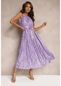 Fioletowa Sukienka Plisowana z Paskiem w Talii na Cienkich Ramiączkach Wasea ze sklepu Renee odzież w kategorii Sukienki - zdjęcie 173776044