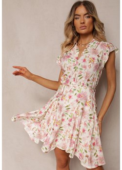Beżowo-Różowa Koszulowa Sukienka w Kwiatowy Wzór Zapinana na Guziki z Materiałowym Paskiem w Talii Madea ze sklepu Renee odzież w kategorii Sukienki - zdjęcie 173776134