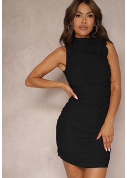 Czarna Sukienka Typu Bodycon z Ozdobnymi Marszczeniami i Aplikacją 3D w Kształcie Kwiatu Galnea ze sklepu Renee odzież w kategorii Sukienki - zdjęcie 173776154