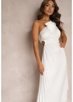 Biała Asymetryczna Sukienka z Plisowanym Dołem i Aplikacją w Kształcie Kwiatu Fevima ze sklepu Renee odzież w kategorii Sukienki - zdjęcie 173776304