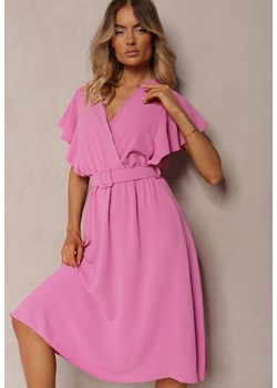Różowa  Rozkloszowana Sukienka z Paskiem i Kopertowym Dekoltem Brinea ze sklepu Renee odzież w kategorii Sukienki - zdjęcie 173776314