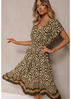 Ciemnobeżowa Sukienka z Bawełny z Trójkątnym Dekoltem i Gumką w Talii Zapinana na Guziki Lavlea ze sklepu Renee odzież w kategorii Sukienki - zdjęcie 173776593
