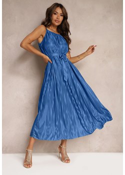 Niebieska Sukienka Plisowana z Paskiem w Talii na Cienkich Ramiączkach Wasea ze sklepu Renee odzież w kategorii Sukienki - zdjęcie 173777350