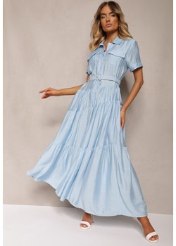 Niebieska Rozkloszowana Sukienka z Paskiem w Talii Vimalise ze sklepu Renee odzież w kategorii Sukienki - zdjęcie 173777480