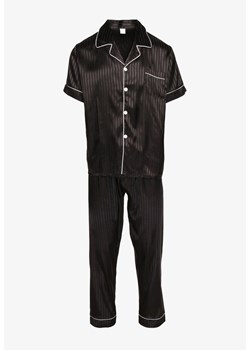 Czarny Satynowy Komplet Piżamowy Bluzka z Krótkim Rękawem na Guziki i Długie Spodnie Rivasiel ze sklepu Born2be Odzież w kategorii Piżamy damskie - zdjęcie 173777541