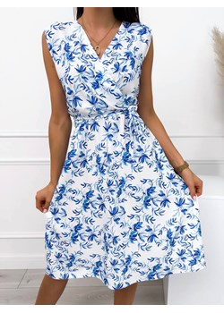 Kremowa Sukienka w Niebieski Wzór z Paseczkiem ze sklepu ModnaKiecka.pl w kategorii Sukienki - zdjęcie 173778771