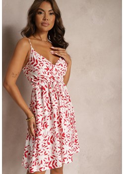 Biało-Czerwona Sukienka z Bawełny na Ramiączkach z Kopertowym Dekoltem i Wiązaniem w Pasie Salnena ze sklepu Renee odzież w kategorii Sukienki - zdjęcie 173800954
