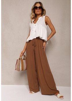Brązowe Szerokie Spodnie High Waist z Gumką w Talii Ilnena ze sklepu Renee odzież w kategorii Spodnie damskie - zdjęcie 173801061