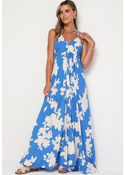 Niebieska Rozkloszowana Sukienka z Wiskozy na Ramiączkach w Kwiaty Nansora ze sklepu Born2be Odzież w kategorii Sukienki - zdjęcie 173802362