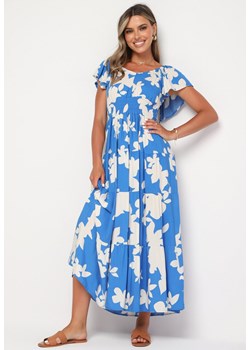 Niebiesko-Biała Wiskozowa Sukienka Rozkloszowana z Gumką w Talii Nansalinne ze sklepu Born2be Odzież w kategorii Sukienki - zdjęcie 173802383