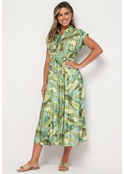 Zielona Sukienka Koszulowa z Gumką w Talii i Materiałowym Paskiem Vimisha ze sklepu Born2be Odzież w kategorii Sukienki - zdjęcie 173802432