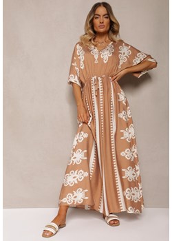 Brązowa Sukienka Taliowana z Bawełny z Gumką w Pasie Rivaq ze sklepu Renee odzież w kategorii Sukienki - zdjęcie 173805603