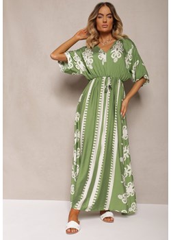 Zielona Sukienka Taliowana z Bawełny z Gumką w Pasie Rivaq ze sklepu Renee odzież w kategorii Sukienki - zdjęcie 173805613