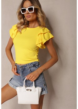 Żółty Prążkowany T-shirt z Krótkim Rękawem i Falbanką przy Rękawach Vimerea ze sklepu Renee odzież w kategorii Bluzki damskie - zdjęcie 173806093