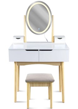Biała toaletka z lustrem LED i beżowym stołkiem - Limosa ze sklepu Edinos.pl w kategorii Toaletki - zdjęcie 173806362