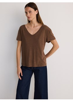 Reserved - T- shirt z lnem i wiskozą - brązowy ze sklepu Reserved w kategorii Bluzki damskie - zdjęcie 173809362