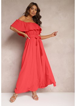 Czerwona Sukienka z Hiszpańskim Dekoltem i Dodatkiem Bawełny z Gumką i Paskiem w Talii Vimasine ze sklepu Renee odzież w kategorii Sukienki - zdjęcie 173813284