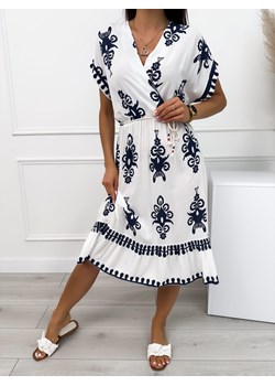 Biała Sukienka w Granatowy Wzór z Paseczkiem ze sklepu ModnaKiecka.pl w kategorii Sukienki - zdjęcie 173815514