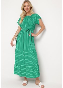 Zielona Wiskozowa Sukienka Hiszpanka Rozkloszowana z Gumką w Pasie i Materiałowym Paskiem Dimtea ze sklepu Born2be Odzież w kategorii Sukienki - zdjęcie 173822411