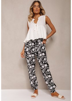 Czarno-Białe Kwiatowe Spodnie z Wiskozy High Waist Wykończone w Pasie Gumką Rivasolle ze sklepu Renee odzież w kategorii Spodnie damskie - zdjęcie 173823832