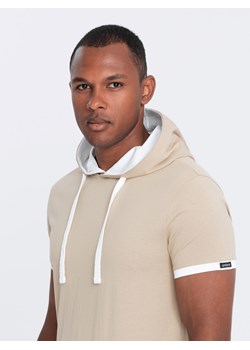 Męski casualowy t-shirt bawełniany z kapturem – beżowy V5 OM-TSCT-22SS-001 ze sklepu ombre w kategorii Bluzy męskie - zdjęcie 173825242