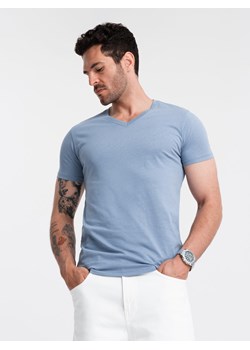 Klasyczna męska bawełniana koszulka z dekoltem w serek BASIC – niebieska V20 OM-TSBS-0145 ze sklepu ombre w kategorii T-shirty męskie - zdjęcie 173825332