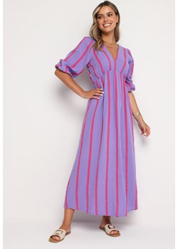 Fioletowa Taliowana Sukienka z Bawełny z Motywem Pasków Rivettes ze sklepu Born2be Odzież w kategorii Sukienki - zdjęcie 173830082