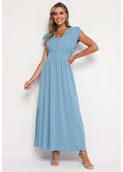 Jasnoniebieska Rozkloszowana Sukienka z Gumką w Talii Zdobiona Metaliczną Nicią Fagelia ze sklepu Born2be Odzież w kategorii Sukienki - zdjęcie 173841493