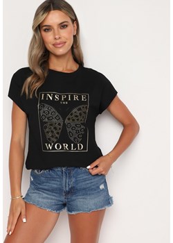 Czarny Bawełniany T-shirt z Nadrukiem Motyla Ozdobionym Cyrkoniami Beonea ze sklepu Born2be Odzież w kategorii Bluzki damskie - zdjęcie 173841930