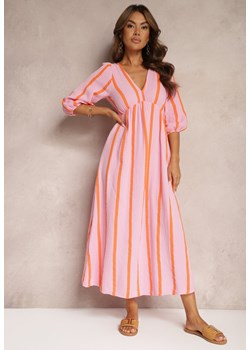 Różowo-Pomarańczowa Bawełniana Sukienka w Paski o Rozkloszowanym Kroju Legelia ze sklepu Renee odzież w kategorii Sukienki - zdjęcie 173849514