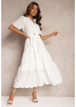 Biała Koszulowa Sukienka z Bawełny o Ażurowym Wykończeniu z Paskiem w Talii mvia ze sklepu Renee odzież w kategorii Sukienki - zdjęcie 173849544