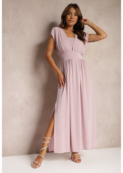 Różowa Sukienka o Metalicznym Połysku z Gumką w Pasie i Głębokim Dekoltem Kigelia ze sklepu Renee odzież w kategorii Sukienki - zdjęcie 173849574