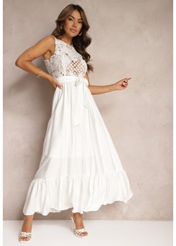 Biała Taliowana Sukienka Ozdobiona na Górze Ażurowym Wzorem Nahine ze sklepu Renee odzież w kategorii Sukienki - zdjęcie 173849584