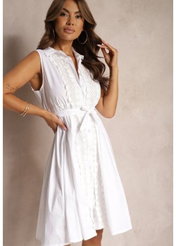 Biała Bawełniana Sukienka Koszulowa z Ozdobną Koronką i Wiązaniem w Pasie Dalelia ze sklepu Renee odzież w kategorii Sukienki - zdjęcie 173849604