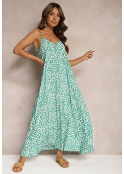 Zielona Rozkloszowana Sukienka z Bawełny na Ramiączkach Semvia ze sklepu Renee odzież w kategorii Sukienki - zdjęcie 173849644