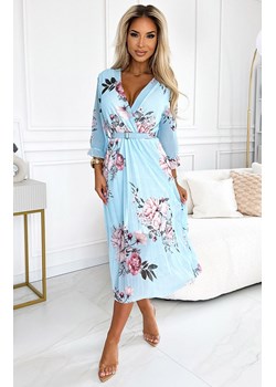 Plisowana sukienka midi w róże 448-3 Yuna, Kolor błękitny-wzór, Rozmiar one size, NUMOCO BASIC ze sklepu Primodo w kategorii Sukienki - zdjęcie 173853040