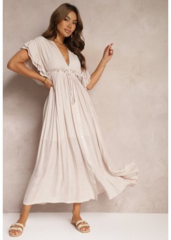 Beżowa Bawełniana Sukienka z Gumką w Talii i Falbankami Rivatia ze sklepu Renee odzież w kategorii Sukienki - zdjęcie 173860384
