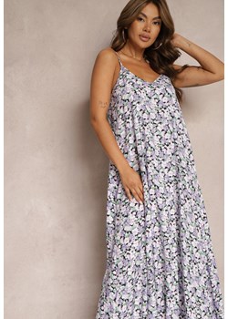 Biało-Fioletowa Kwiatowa Sukienka z Bawełny na Ramiączkach o Rozkloszowanym Kroju Kesvia ze sklepu Renee odzież w kategorii Sukienki - zdjęcie 173860484