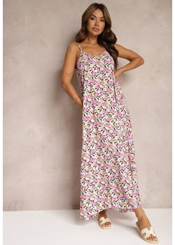 Czarno-Różowa Kwiatowa Sukienka z Bawełny na Ramiączkach o Rozkloszowanym Kroju Kesvia ze sklepu Renee odzież w kategorii Sukienki - zdjęcie 173860494