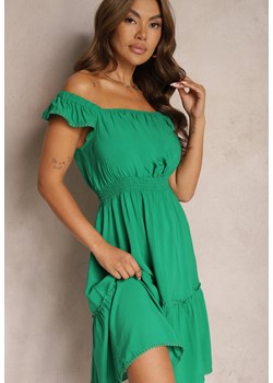 Zielona Rozkloszowana Sukienka z Bawełną i Wiskozą Wykończona Falbankami i Gumką w Talii Imvia ze sklepu Renee odzież w kategorii Sukienki - zdjęcie 173860554