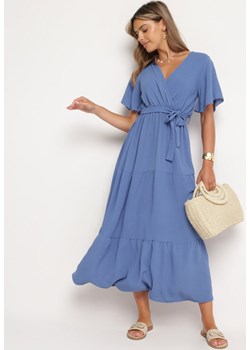 Niebieska Sukienka Maxi z Gumką w Talii i Materiałowym Paskiem Kiriane ze sklepu Born2be Odzież w kategorii Sukienki - zdjęcie 173874424