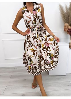 Kremowa Sukienka w Brązowe Liście z Paskiem ze sklepu ModnaKiecka.pl w kategorii Sukienki - zdjęcie 173876992