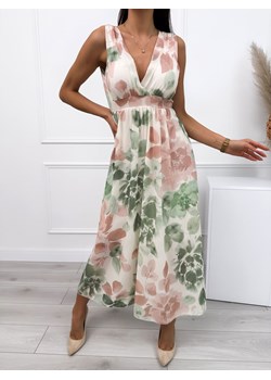 Beżowo-Zielona Sukienka z Motywem Kwiatowym ze sklepu ModnaKiecka.pl w kategorii Sukienki - zdjęcie 173877081
