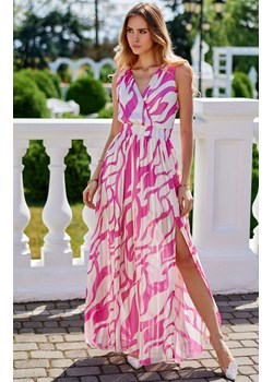 Wzorzysta szyfonowa sukienka maxi z przekładanym dekoltem 60D Lorena, Kolor różowo-biały, Rozmiar 34, Roco Fashion ze sklepu Primodo w kategorii Sukienki - zdjęcie 173880742