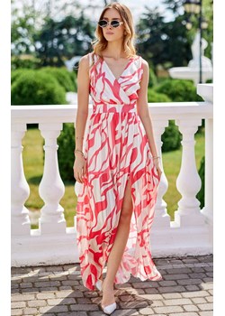 Wzorzysta szyfonowa sukienka maxi z przekładanym dekoltem 62D Lorena, Kolor multicolour, Rozmiar 34, Roco Fashion ze sklepu Primodo w kategorii Sukienki - zdjęcie 173880752
