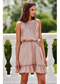 Mini sukienka z falbaną i paskiem beżowa Mila, Kolor beżowy-wzór, Rozmiar L/XL, Roco Fashion ze sklepu Primodo w kategorii Sukienki - zdjęcie 173880782