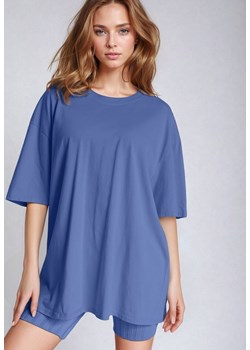 Niebieski Bawełniany T-shirt Koszulka z Krótkim Rękawem Bevima ze sklepu Born2be Odzież w kategorii Bluzki damskie - zdjęcie 173884050