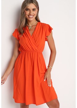 Pomarańczowa Rozkloszowana Sukienka z Gumką w Pasie i Falbanką przy Rękawach Walvia ze sklepu Born2be Odzież w kategorii Sukienki - zdjęcie 173885450